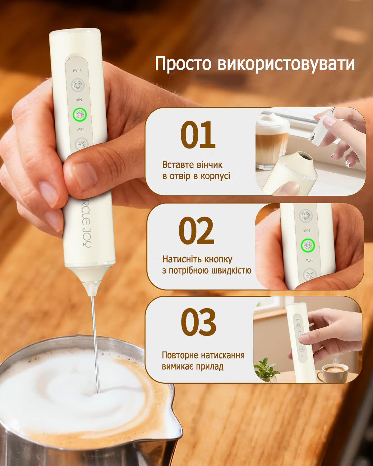 Акумуляторний спінювач молока CIRCLE JOY Milk Frothe з 3 знімними вінчиками та базою для зберігання